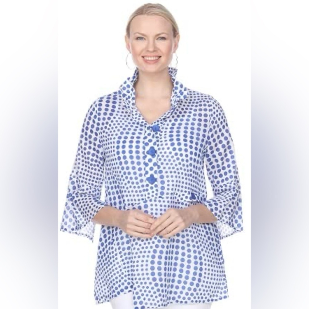 Terra SJ Apparel Polka Dot Ruffle Tunic Sz L Stand Up Collar Color Assymmetric